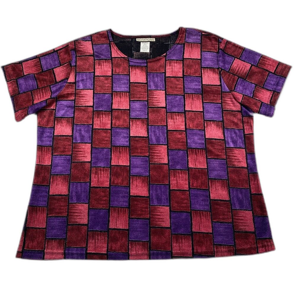 VTG 90's Notations Velvet Geometric Red Purple Womens XL Boxy Blouse Artsy Funky
